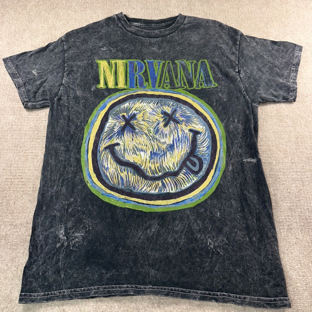 Nirvana Band T-Shirt Mens Medium Gray Mineral Wash Sketch Smiley Graphic Tee